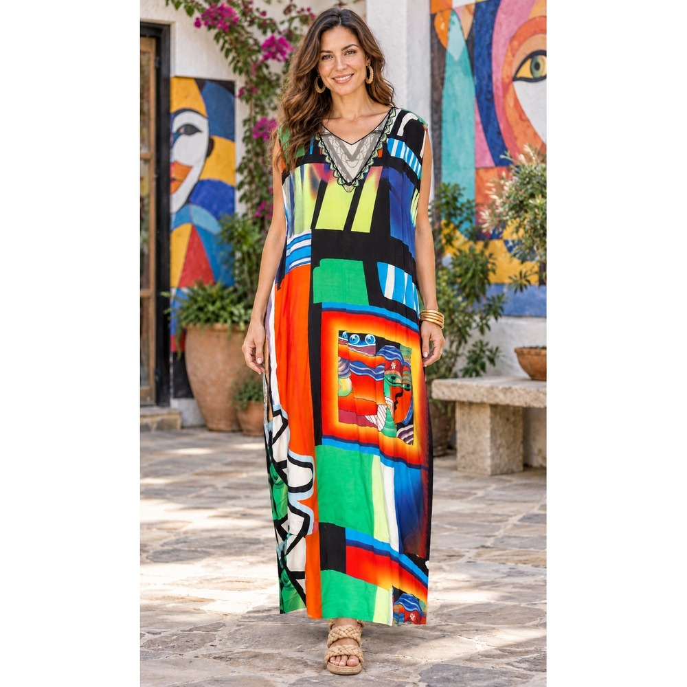 Women Multi Color Abstract Geometric Print Kaftan Maxi Dress Embroidered V-Neck